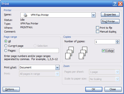 Choosing VFM Fax Printer - click on this image to see it full size